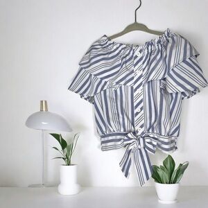 Habitual Kids Top Girls 4/5 Flutter Sleeve Faux Front Button Stripes Ribbon